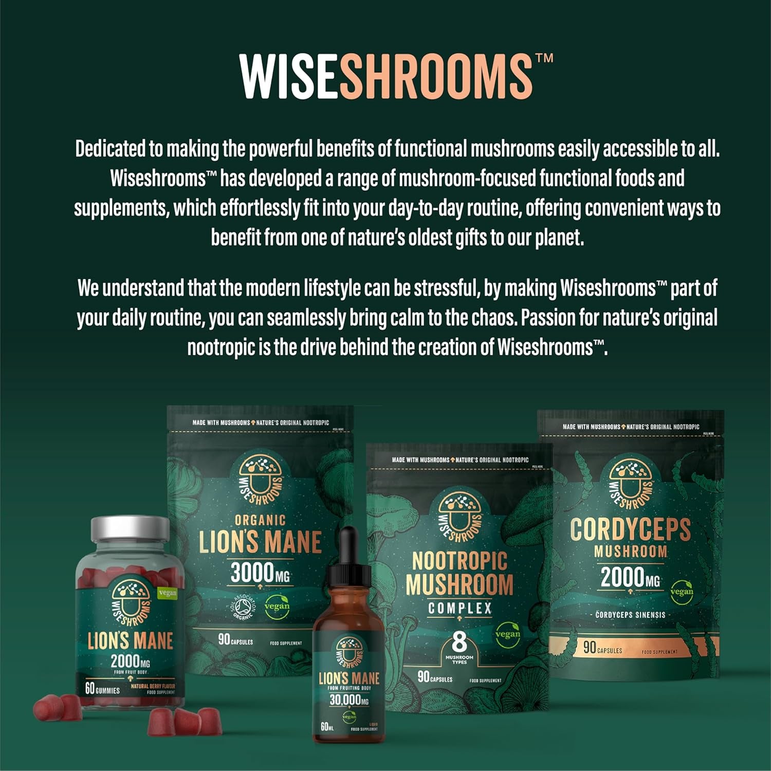 Organic Lions Mane Supplement 3000Mg | High Strength Mushroom Supplement | from Fruit Body | 90 Vegan Capsules | by Wiseshrooms