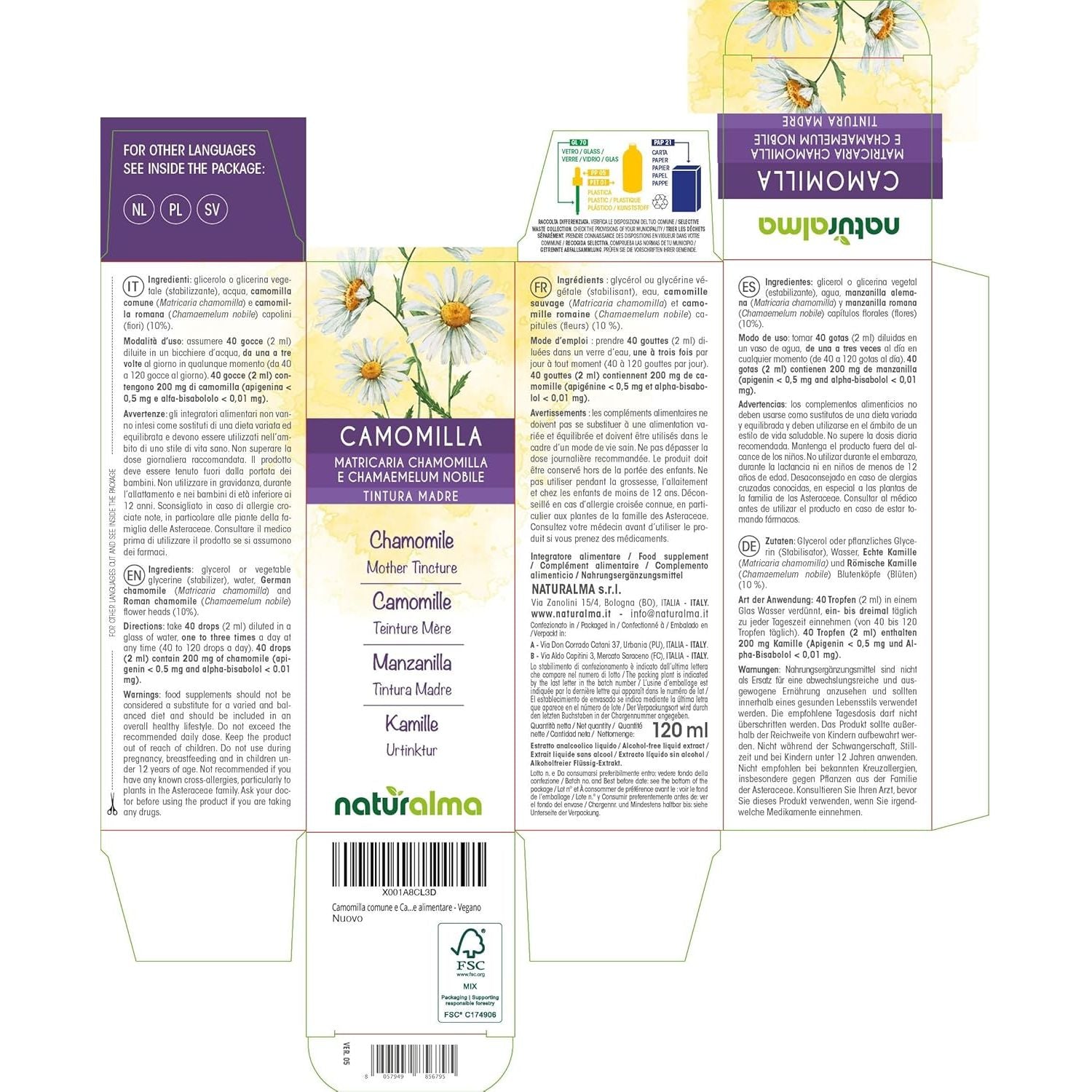 German and Roman Chamomile (Matricaria Chamomilla and Chamaemelum Nobile) Flower Heads Alcohol-Free Mother Tincture Naturalma - Liquid Extract Drops 120 Ml - Food Supplement - Vegan