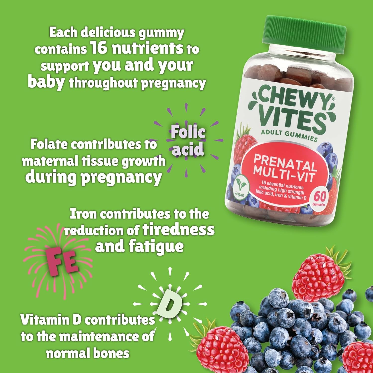 Chewy Vites Women'S Prenatal Multivitamin, 60 Multivitamin Gummies, 16 Essential Nutrients with Folic Acid, Iron and Vitamin D, 1 Month Supply, Vegan, Blueberry and Raspberry Flavour