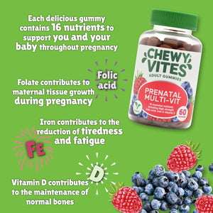Chewy Vites Women'S Prenatal Multivitamin, 60 Multivitamin Gummies, 16 Essential Nutrients with Folic Acid, Iron and Vitamin D, 1 Month Supply, Vegan, Blueberry and Raspberry Flavour