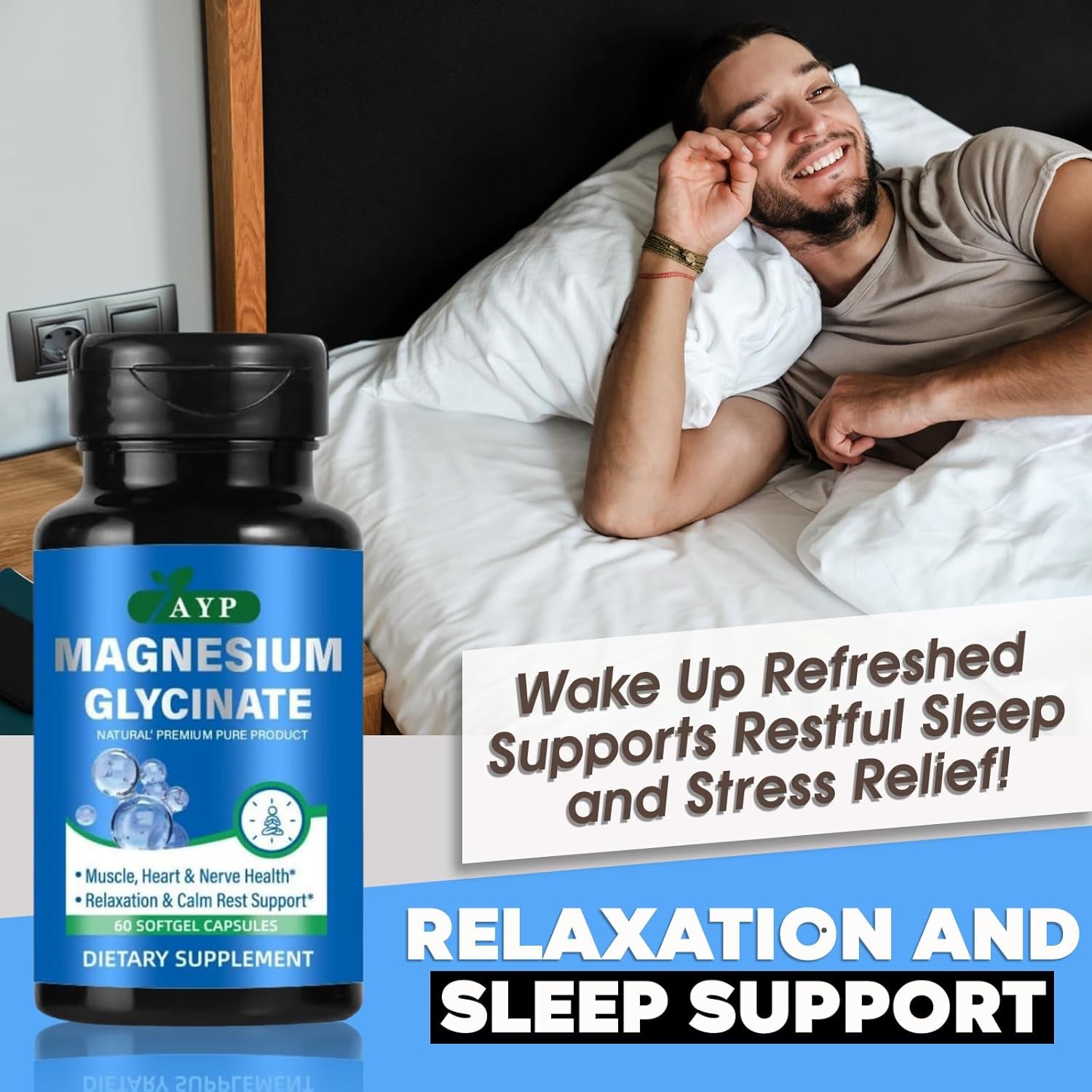 Magnesium Glycinate Supplements 2000Mg High Strength Premium Pure Magnesium - 60 Capsules for Muscle Heart Nerve Health Relaxation Calm for Men & Women