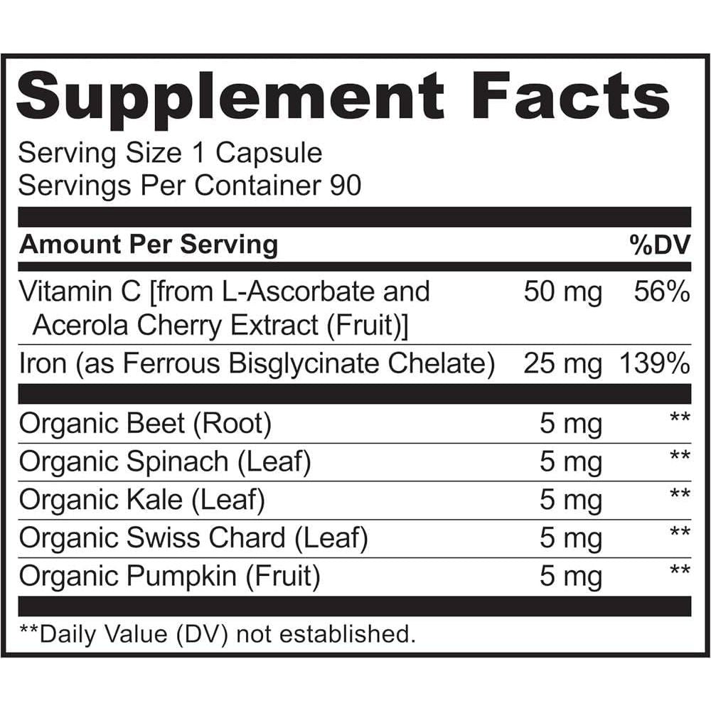 Iron Supplement with Vitamin C & Whole Food Blend – Gentle Iron Capsules for Women & Men – Supports Energy, Pregnancy, Anemia & Vegan Diets – 90 Mini Capsules (3-Month Supply)