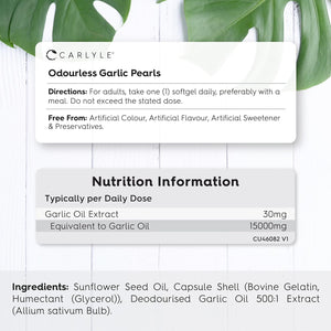 Odourless Garlic Capsules 15,000Mg | 365 Count (1 Year Supply) | High Strength Garlic Oil Pearls with Allicin | by Carlyle
