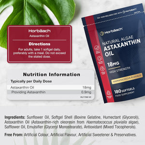 Astaxanthin Supplement 18Mg | 180 High Strength Softgels | Naturally Sourced from Haematococcus Pluvialis Algae | by Horbaach