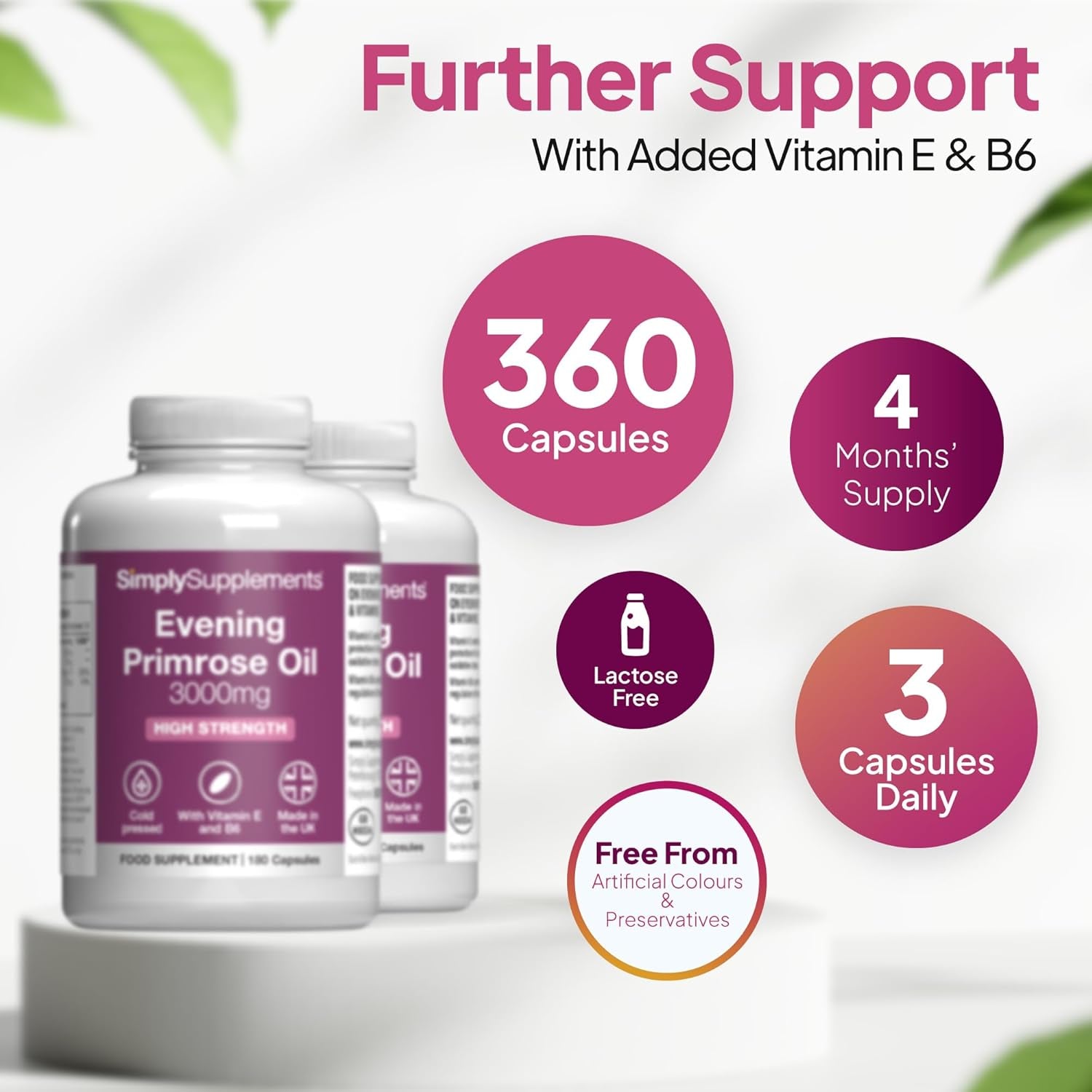 Evening Primrose Oil 3000Mg Capsules | Supports Hormonal Balance & Healthy Skin | with Added Vitamins B6 & E | 360 Softgels Capsules = 4 Months’ Supply | Gmp-Certified & Uk-Made