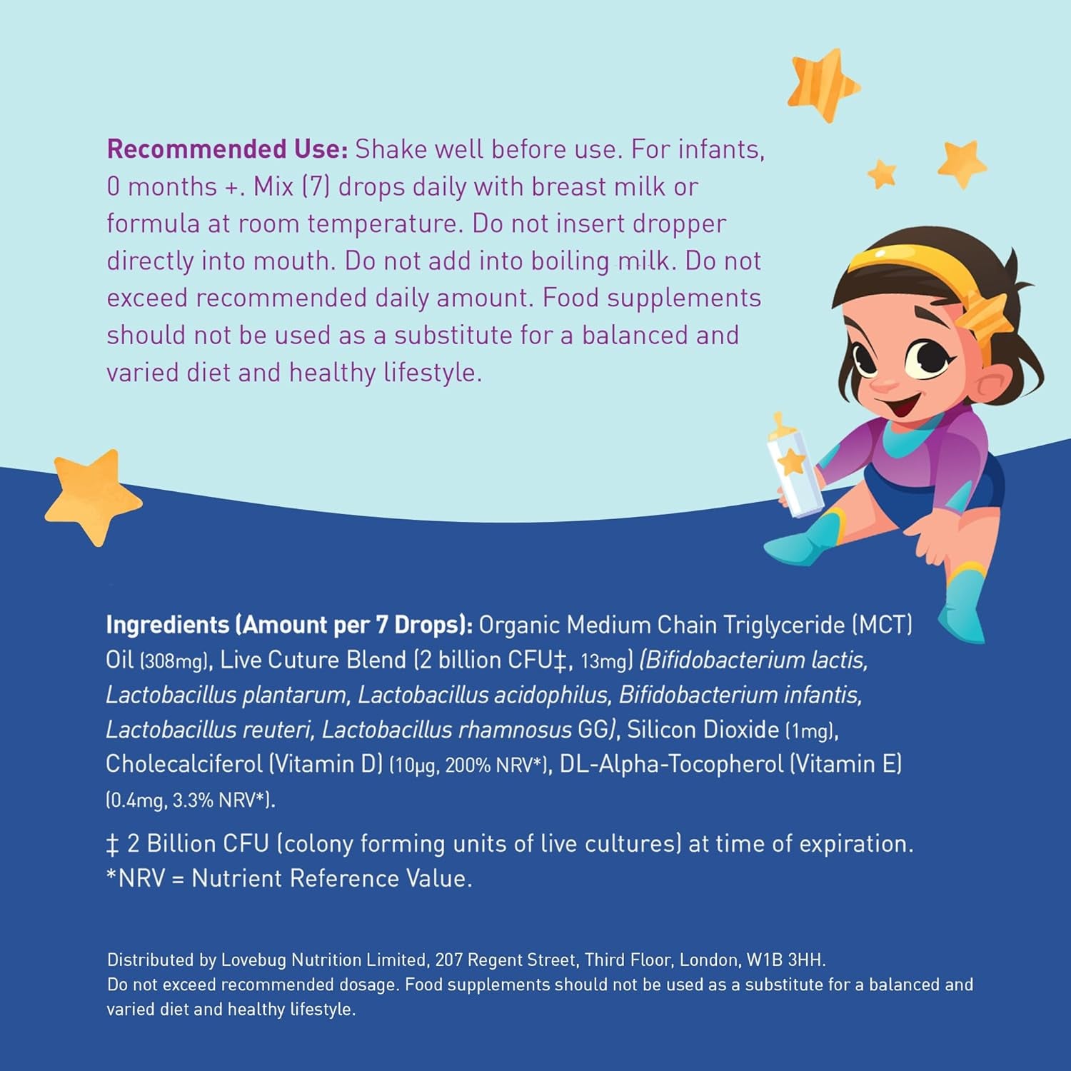 Lovebug Award Winning USDA Organic Multi Biotics for Infants & Babies | Multi-Strain 5 Billion CFU | Liquid Drops| with Added Vitamin D| | Ages 0-24 Months