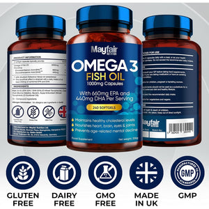 Omega 3 1000Mg Capsules - 240 Fish Oil Tablets with 660Mg EPA & 440Mg DHA per Daily Serving - Supports Heart, Vision, & Brain Health - 4 Months Supply - Made in UK…