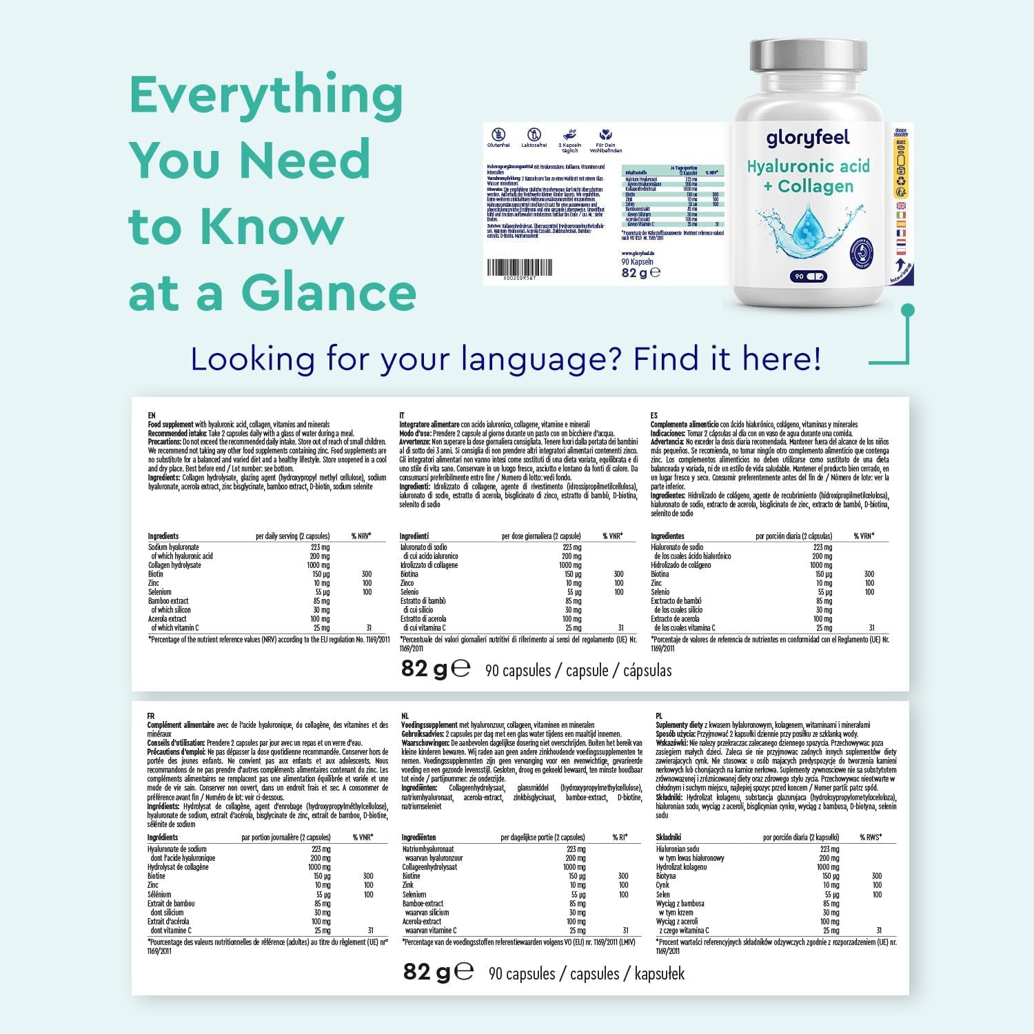 Hyaluronic Acid + Collagen - 90 Capsules with Biotin, Vitamin C from Acerola, Zinc, Selenium & Bamboo Extract - Hair, Skin and Nail Complex for Women & Men - Supplements Made in Germany