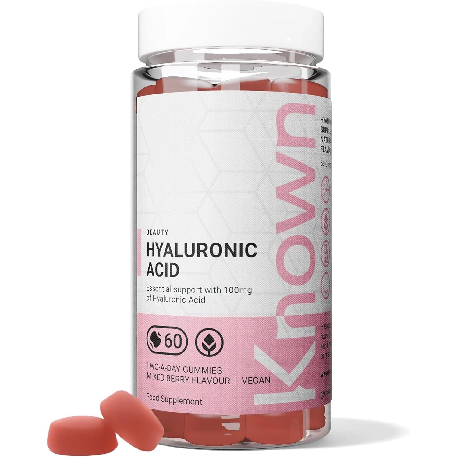 Known Delicious Hyaluronic Acid Gummies - 100Mg of HA - Supports Skin Hydration - Natural Mixed Berry Flavour - 60 Vegan Gummies, 1 Month Supply