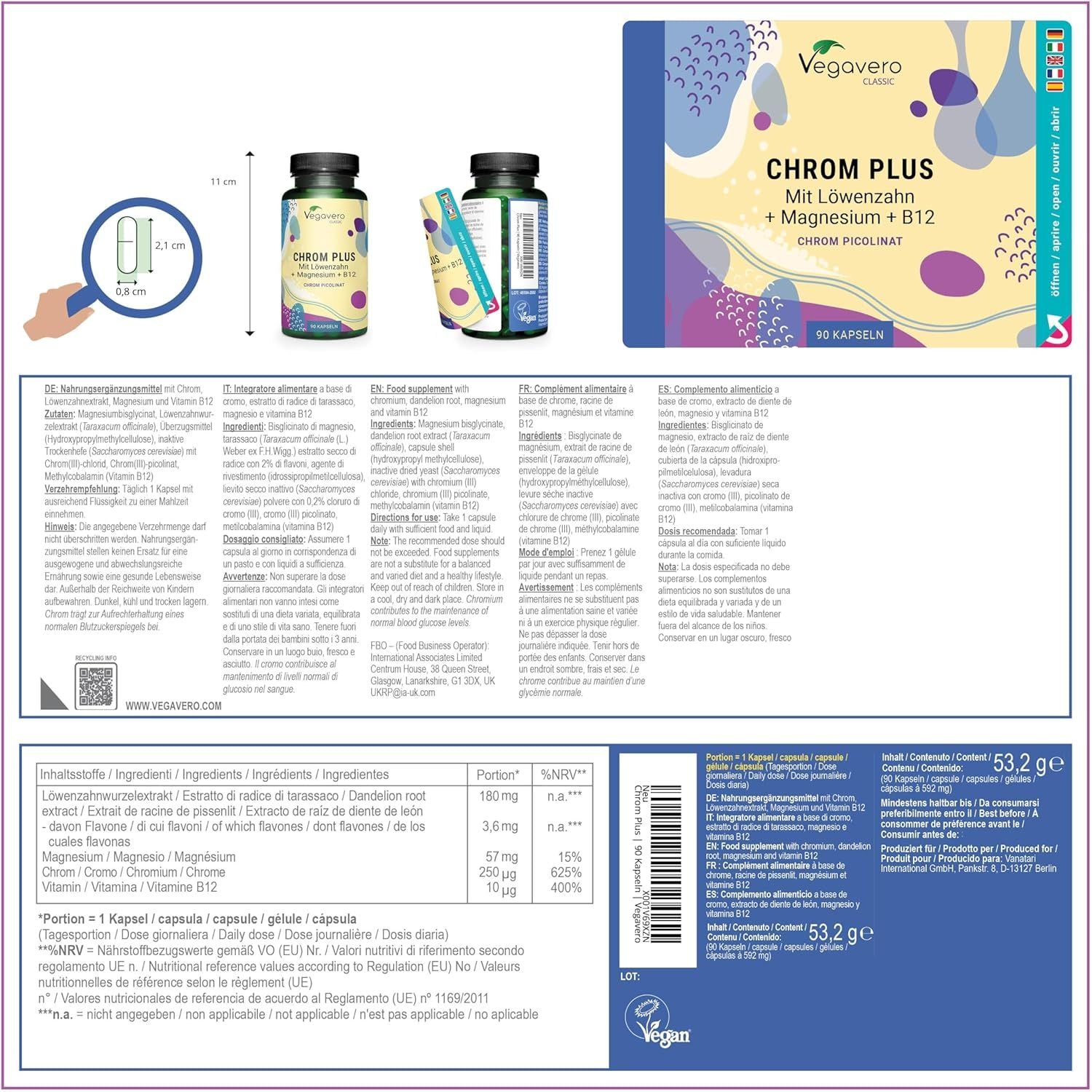 Vegavero Chromium Picolinate 1640 Μg | 250 Μg Elemental Chrom plus Magnesium and VIT B12 | Blood Sugar Supplement* | NO Additives, Lab-Tested | 90 Capsules | Vegan
