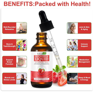 Magnesium Glycinate Liquid Drops,Liquid Complex with Magnesium Glycinate,Taurate,Cellulose Fiber,Bromelain,Vitamin B6,C,D and Zinc, Strawberry Flavor, 2 Fl Oz