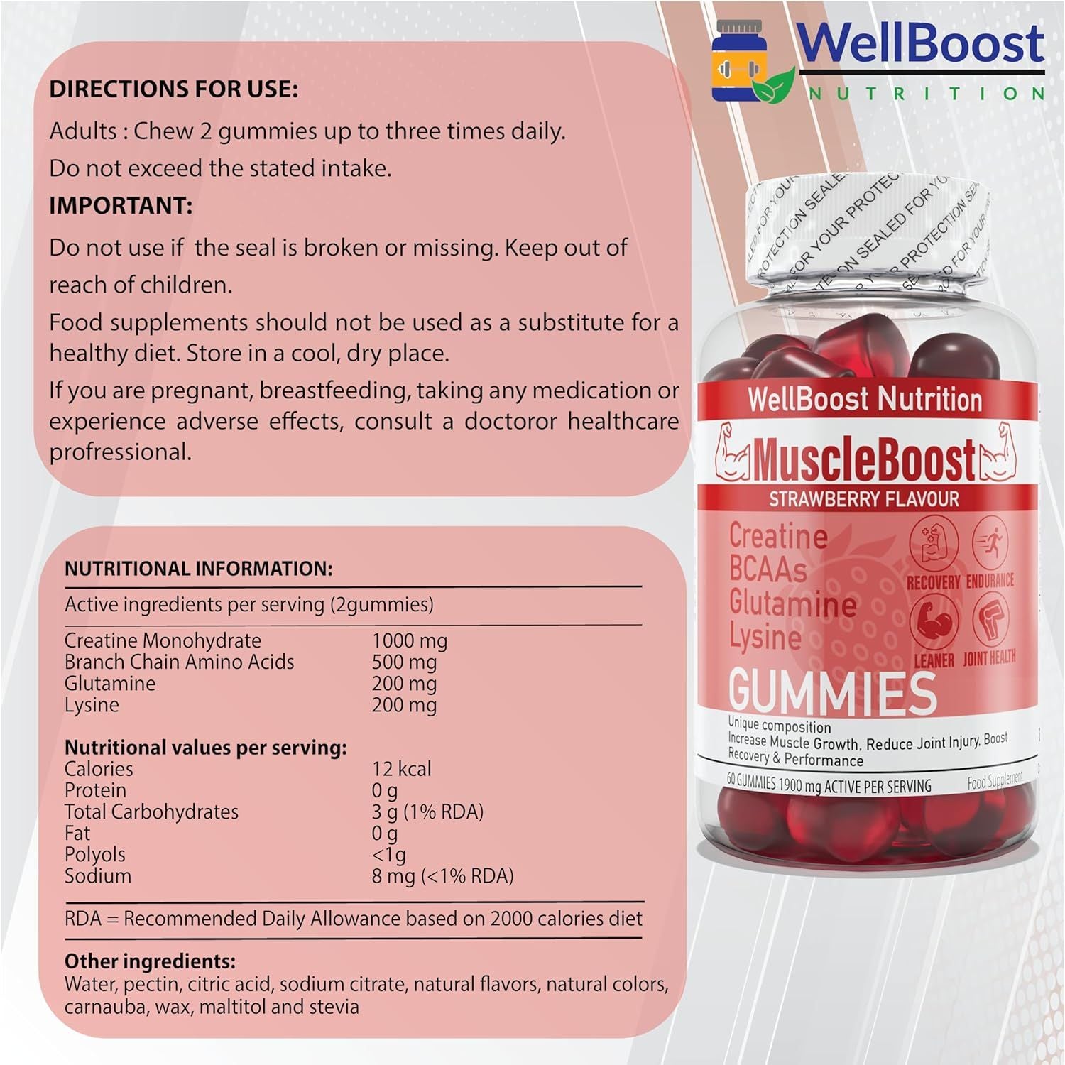 Muscleboost Gummies – Creatine, Bcaas, Glutamine & Lysine – Muscle Growth, Recovery & Endurance Support – Vegan, Sugar-Free, Strawberry Flavour – 60 Chewable Gummies for Adults