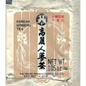 Dai Wang Pharmaceutical Co Ltd - Korean Ginseng Tea. Using High Grade Roots from 6-Year-Old Ginseng. Each Sachet Contains Extract from 1800Mg Panax Ginseng Root, or 80Mg/G Saponin. Box of 42 Sachets