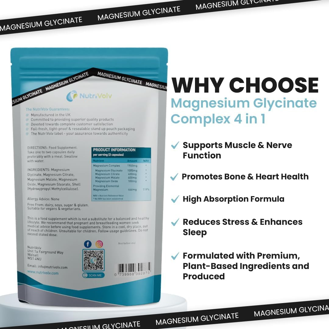 Magnesium Glycinate 4-In-1 Complex 1900Mg | 446Mg Elemental Magnesium Super Strength Supplement as Glycinate, Citrate, Malate, Oxide | 120 Capsules | High Absorption | Vegan UK Made