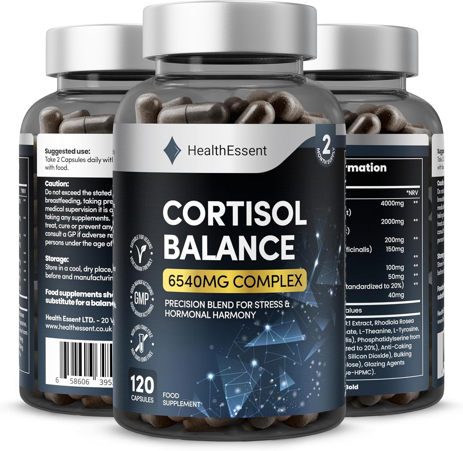 Cortisol Blend 6540Mg, Cortisol Reducing and Hormonal Harmony with Ashwagandha, Rhodiola Rosea, Magnesium, L-Theanine & L-Tyrosine - Cortisol Lowering Supplements – 120 Capsules by Healthessent