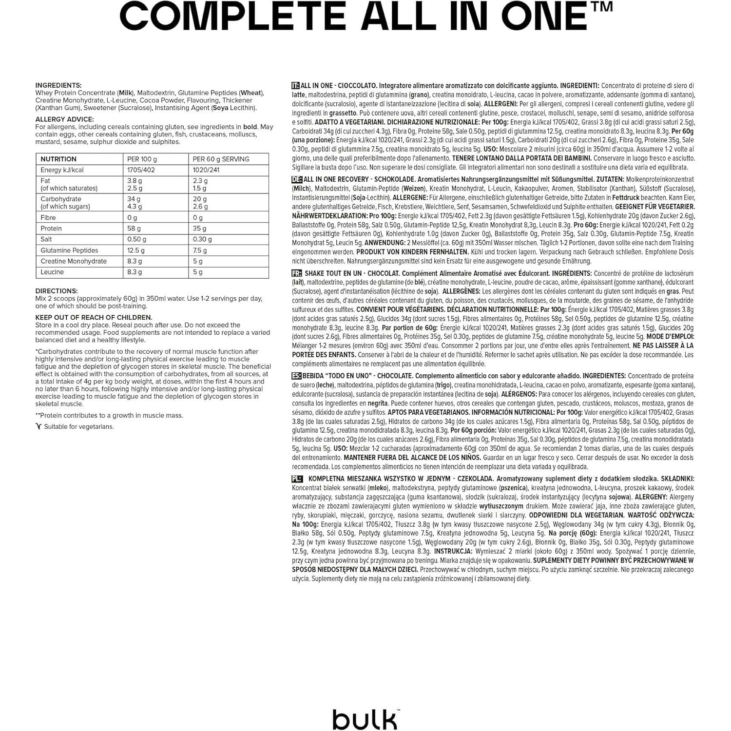 Bulk All in One Recovery, Protein Shake, Chocolate, 1 Kg