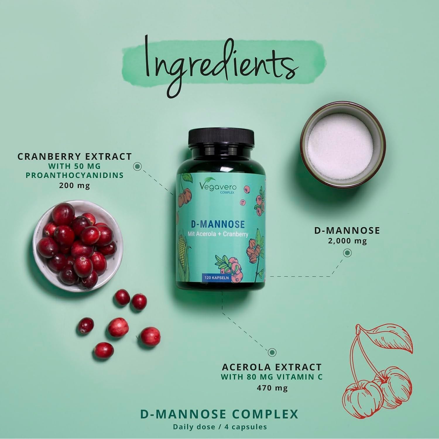 Vegavero D-Mannose Complex 2000 Mg | 100% Natural UTI Support | NO Additives and Lab-Tested | with Cranberry Extract and Vitamin C | Vegan
