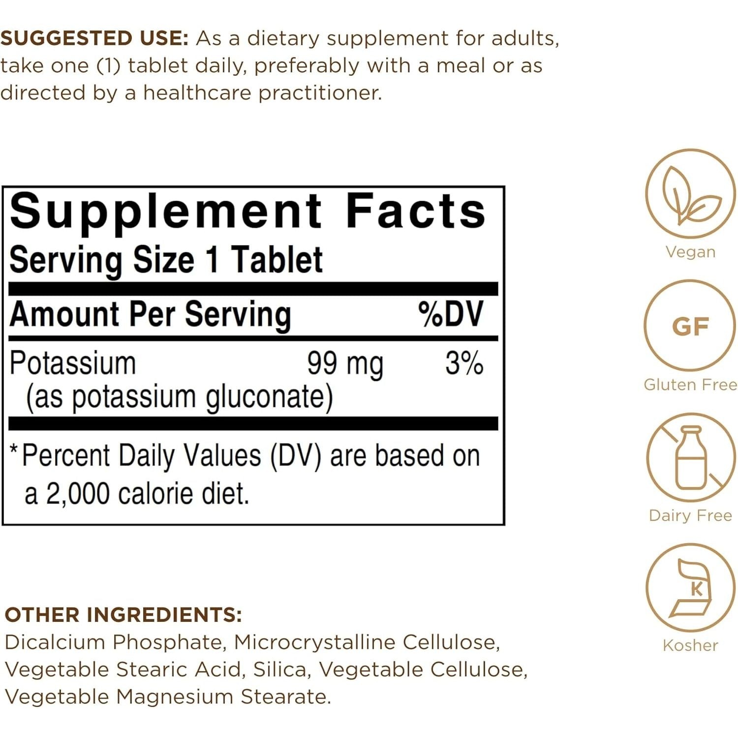 Solgar Potassium Tablets - Essential Electrolyte - Supports Nerve and Muscle Function - for Normal Blood Pressure - Vegan - 100 Count (Pack of 1)