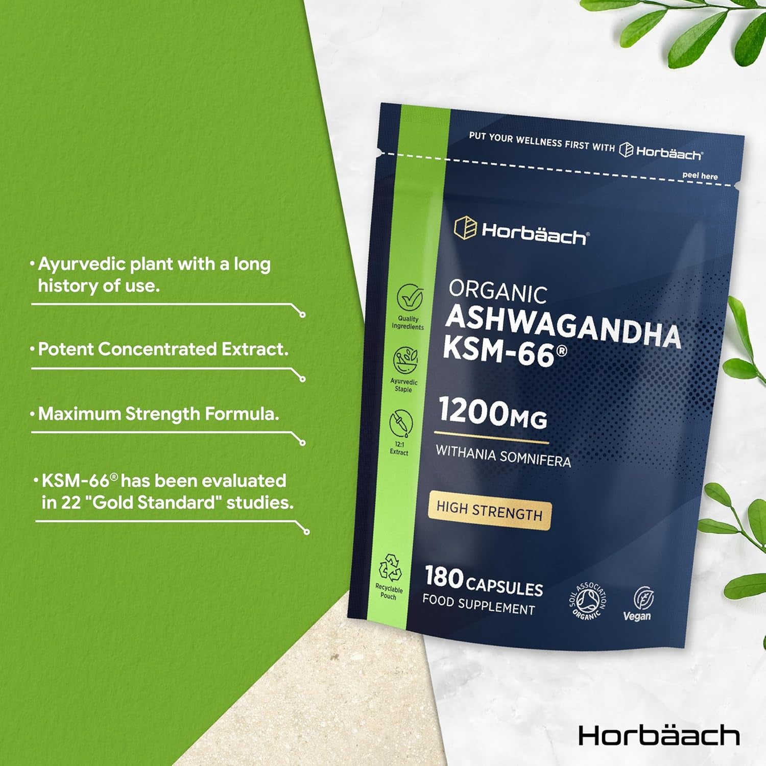 Organic Ashwagandha KSM-66® 1200Mg with 5% Withanolides | Pure Ashwagandha Root Powder | High Strength | 180 Vegan Capsules (Not Tablets) | Supplement for Men & Women | by Horbaach