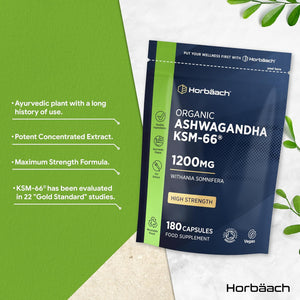 Organic Ashwagandha KSM-66® 1200Mg with 5% Withanolides | Pure Ashwagandha Root Powder | High Strength | 180 Vegan Capsules (Not Tablets) | Supplement for Men & Women | by Horbaach