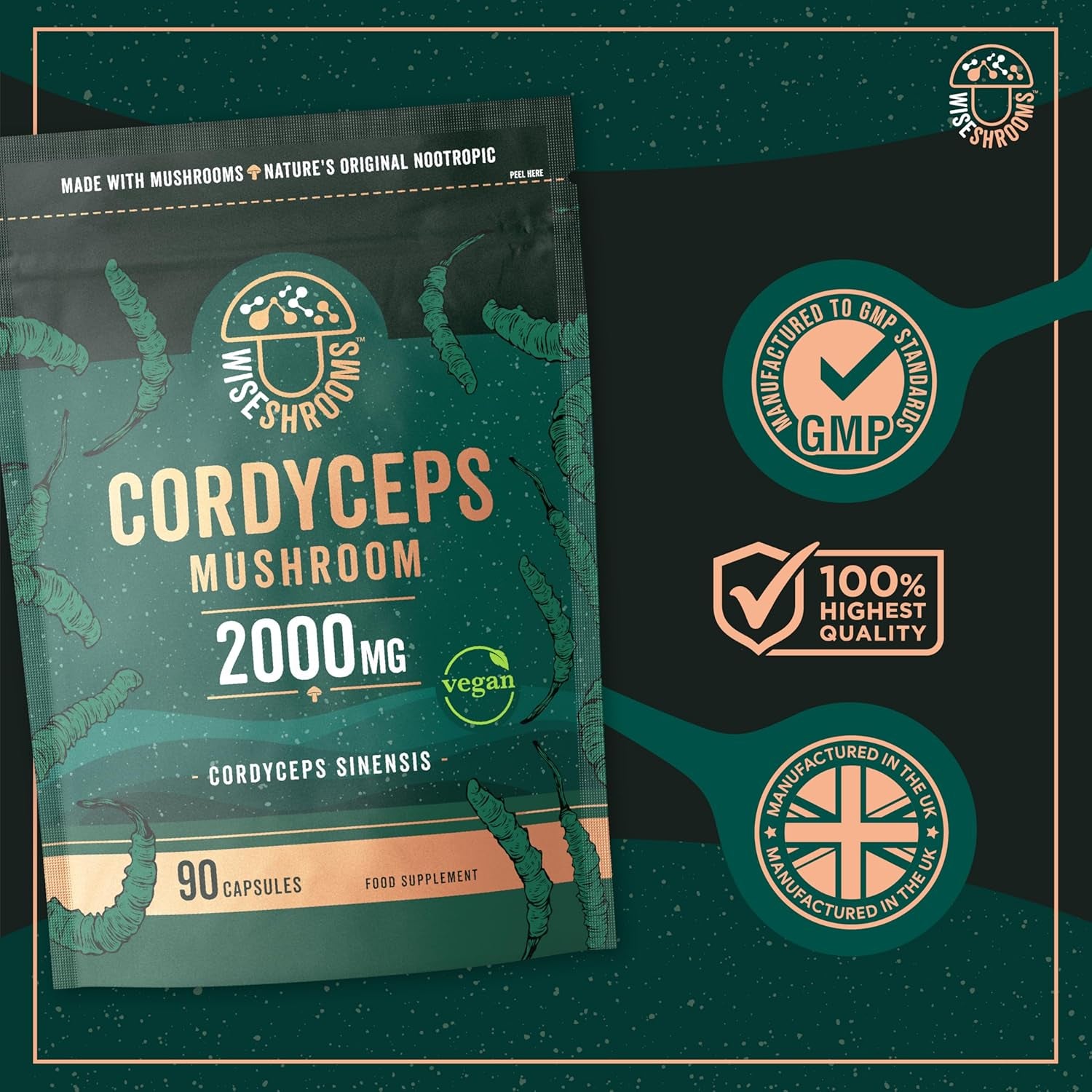 Cordyceps Capsules 2000Mg | Cordyceps Mushroom Extract Supplement | 90 Capsules | Suitable for Vegetarians and Vegans | by Wiseshrooms