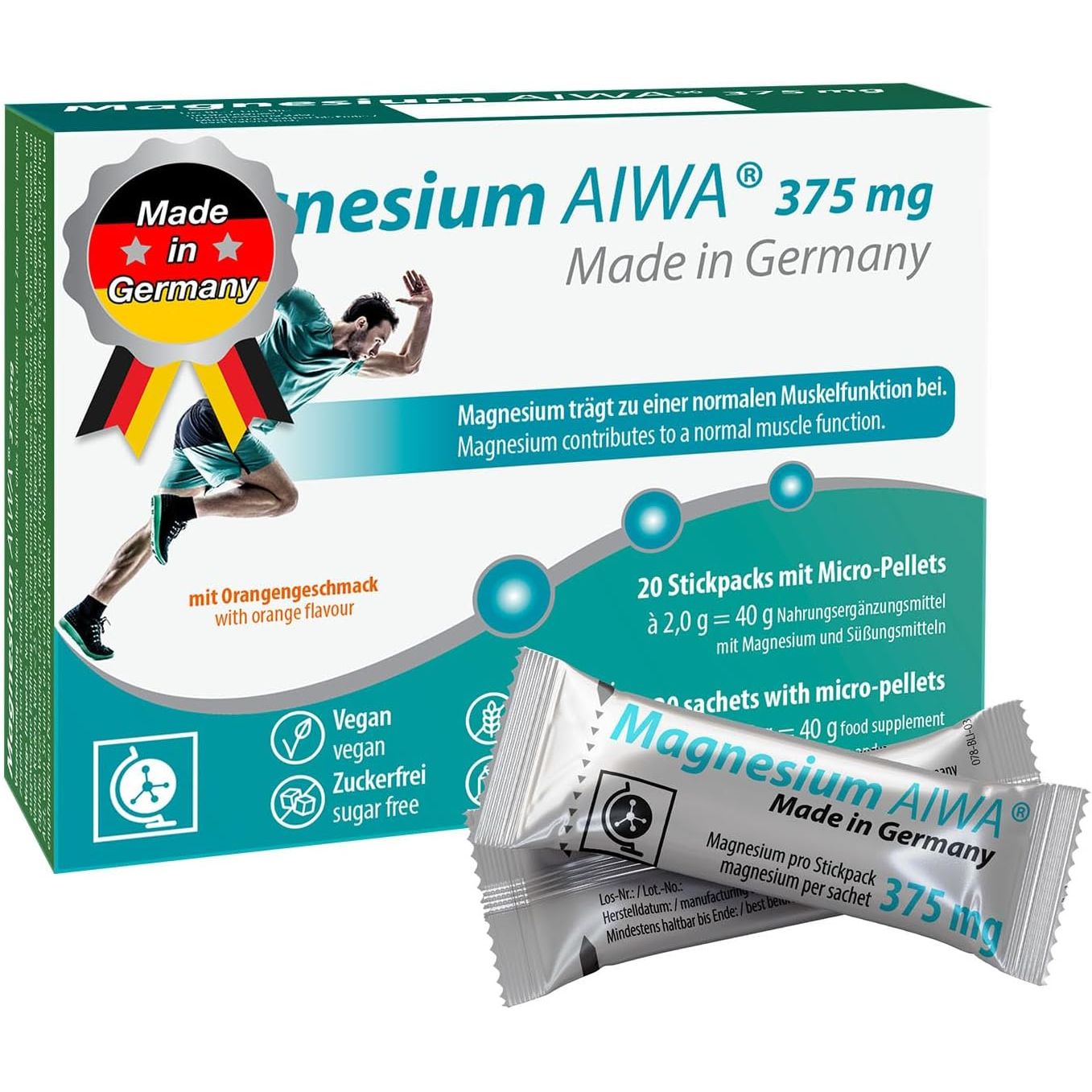 T&D Magnesium AIWA 375 Mg, No Water 20 Stickpack, Easy to Use, Orange Flavour with Micro-Pellets