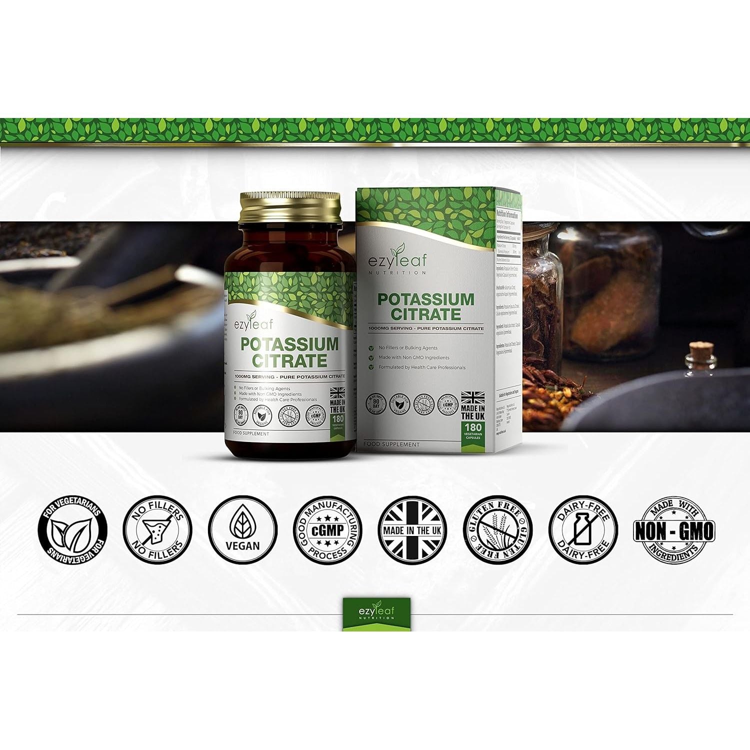 Ezyleaf Potassium Citrate | 180 High Strength Potassium-Capsules - 1000Mg Citrate per Serving | Potasium Supplements | Clean, No Fillers Formula | Vegan, Non-Gmo Gluten & Allergen Free | UK