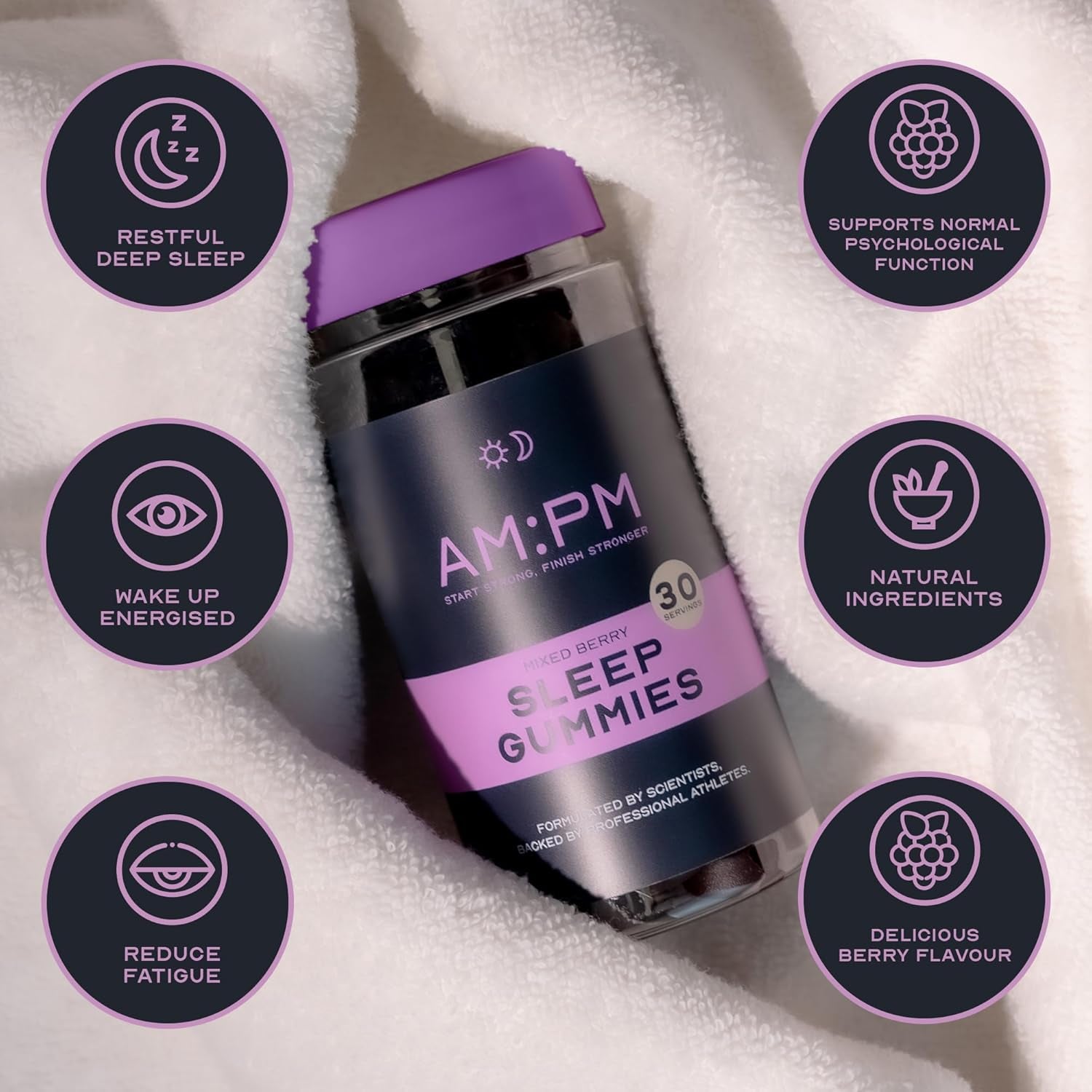 AM:PM Sleep Gummies - Vegan Sleep Aid with Natural Ingredients - Lemon Balm, Chamomile, Zinc, Vitamin B6 & 5-HTP - Berry Flavour - 60 Gummies (30 Day Supply)