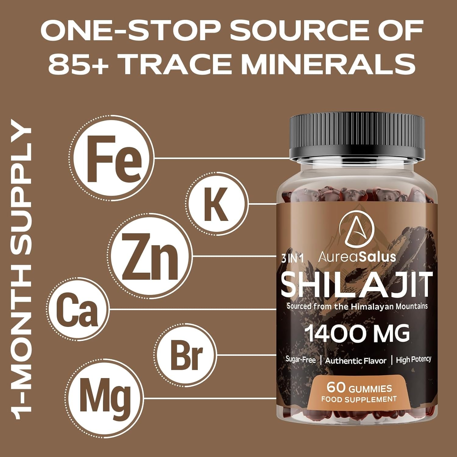 Shilajit Gummies 1400Mg, Shilajit Supplement with Chaga and Ashwagandha, Original from Himalayan with Fulvic & Humic Acid and 85+ Minerals, for Energy, Immunity & Focus, Sugar-Free, 60 Gummies