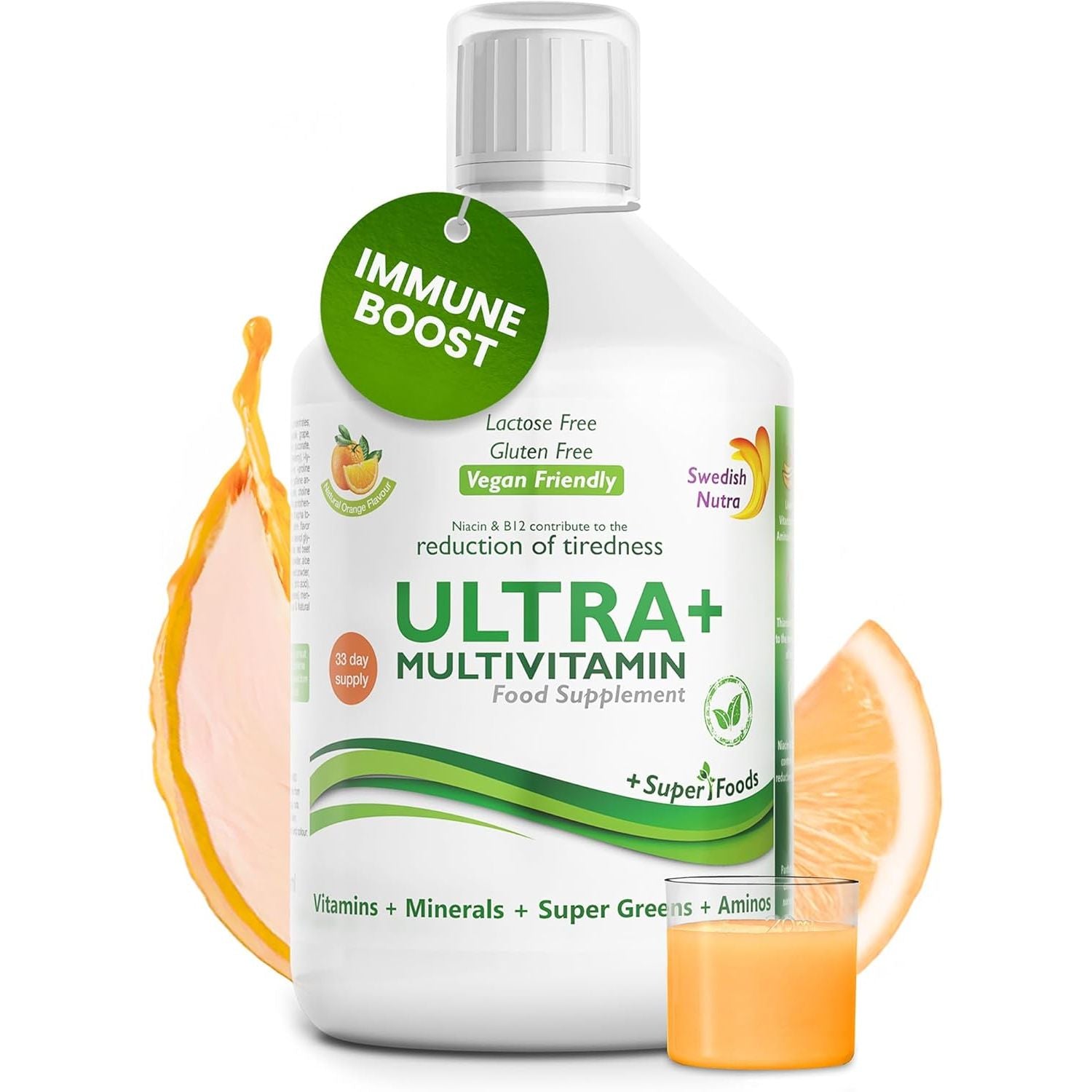 Swedish Nutra - Ultra+ Multivitamin Liquid Food Supplement - Pack of 500 Ml, 33 Day Supply | Packed with Vitamins, Minerals, Super Greens & Aminos to Boost Energy & Immunity I Natural Orange Flavour