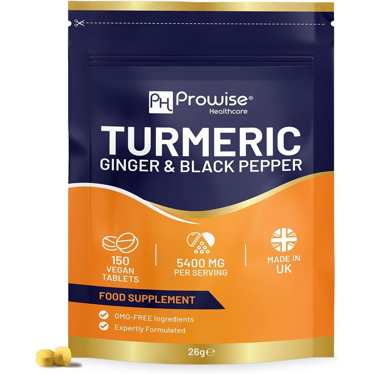 Turmeric Tablets 5400Mg with Black Pepper, Ginger - High Strength Turmeric 95% Curcumin Supplements | 150 Easy Swallow Tablets (Not Capsules or Powder) - Letterbox Friendly - Made in UK - Prowise