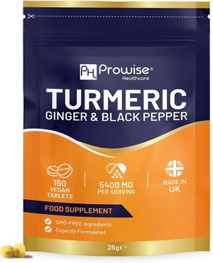 Turmeric Tablets 5400Mg with Black Pepper, Ginger - High Strength Turmeric 95% Curcumin Supplements | 150 Easy Swallow Tablets (Not Capsules or Powder) - Letterbox Friendly - Made in UK - Prowise