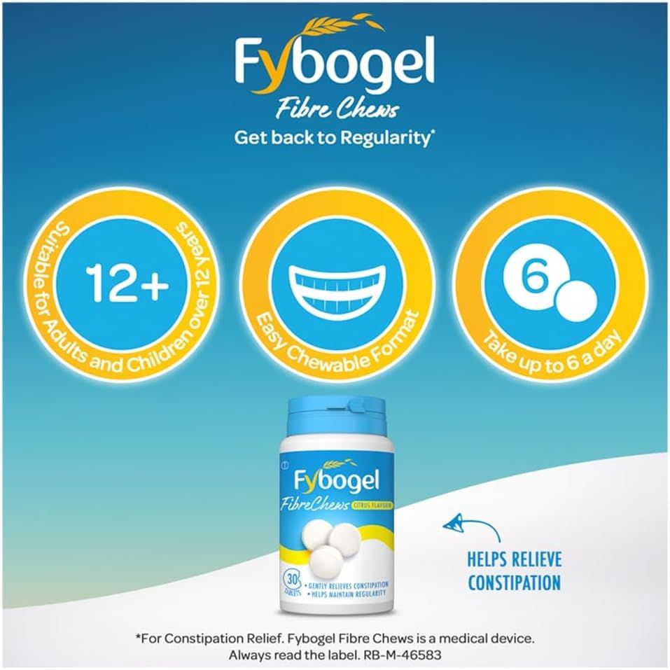Fybogel Citrus Fibre Chews, 30 Tablets - Constipation Relief, Maintains Regularity