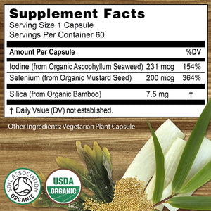 Organic Selenium 200Mcg plus Iodine and Silica - Selenium Contributes to Normal Thyroid and Immune Function – 2 Month Supply - Whole Food Supplement - Certified Organic by Soil Association