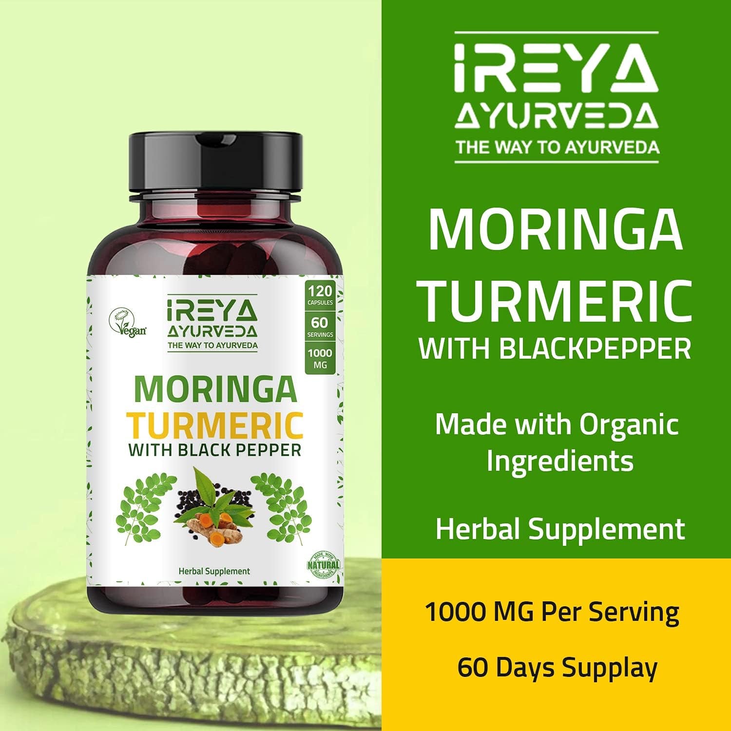 Moringa Oleifera Powder & Turmeric Root Powder with Black Pepper 120 Capsules | Immunity & Metabolism Support, Joint and Digestive Support. Vegan, Gluten-Free and Non-Gmo