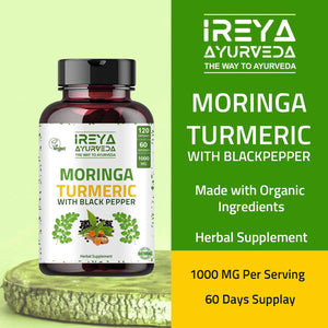 Moringa Oleifera Powder & Turmeric Root Powder with Black Pepper 120 Capsules | Immunity & Metabolism Support, Joint and Digestive Support. Vegan, Gluten-Free and Non-Gmo