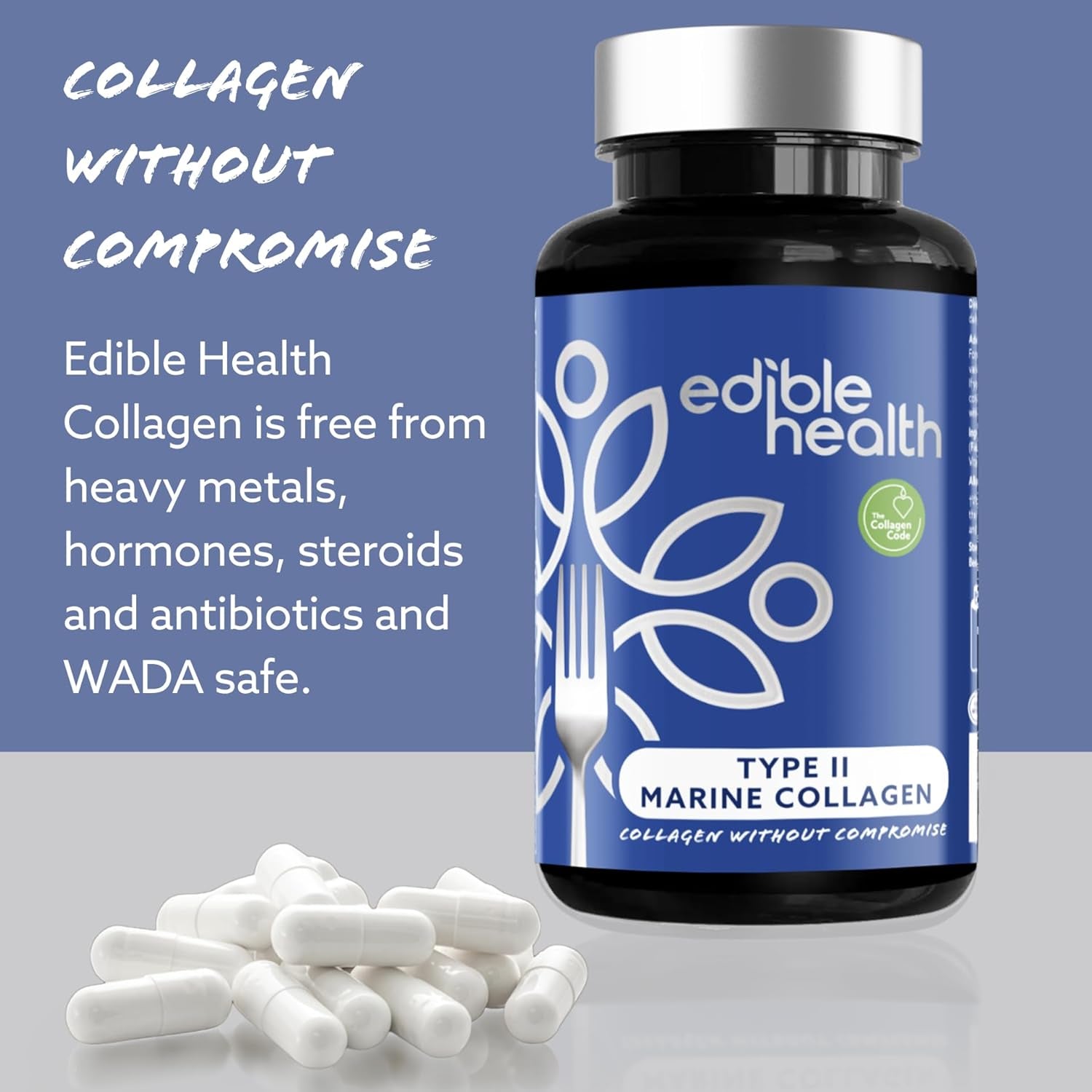 Edible Health Hydrolysed Type II Marine Collagen Capsules – 1025Mg Type II Collagen with Hyaluronic Acid & Vitamin C, High-Strength Skin & Joint Health Supplement for Women & Men – 60 Capsules