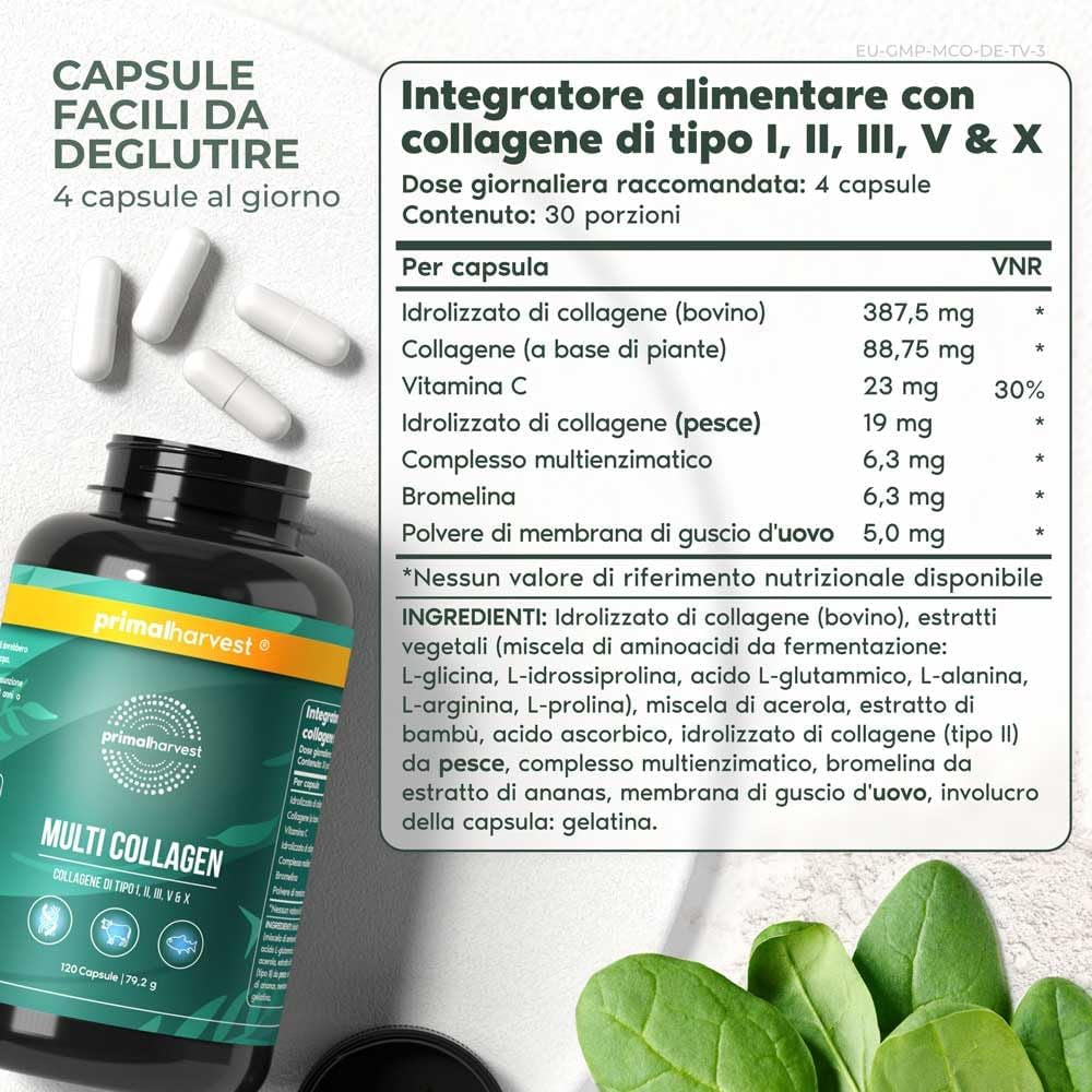 Primal Harvest Multi Collagen Supplement Types I, II, III, V & X Collagen Pills for Men & Women Dairy, Soy & Gluten Free 1 Pack 120 Capsules