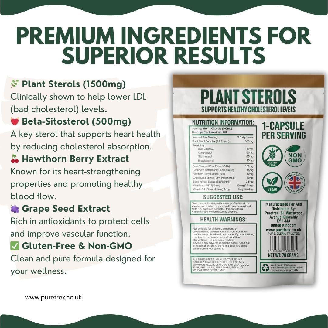 PURETREX Plant Sterols 2000MG Complex with Beta-Sitosterol - Supports Healthy Cholesterol Levels - with Hawthorn Berry & Grape Seed Extract - 120 Capsules - Gluten-Free & Non-Gmo Food Supplement