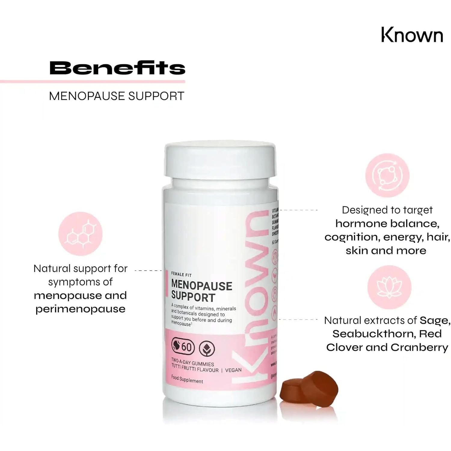 Known Menopause Support Gummies - Multivitamin - Supports Menopause Symptoms - Natural Tutti Frutti Flavour - 60 Vegan Gummies, 1 Month Supply