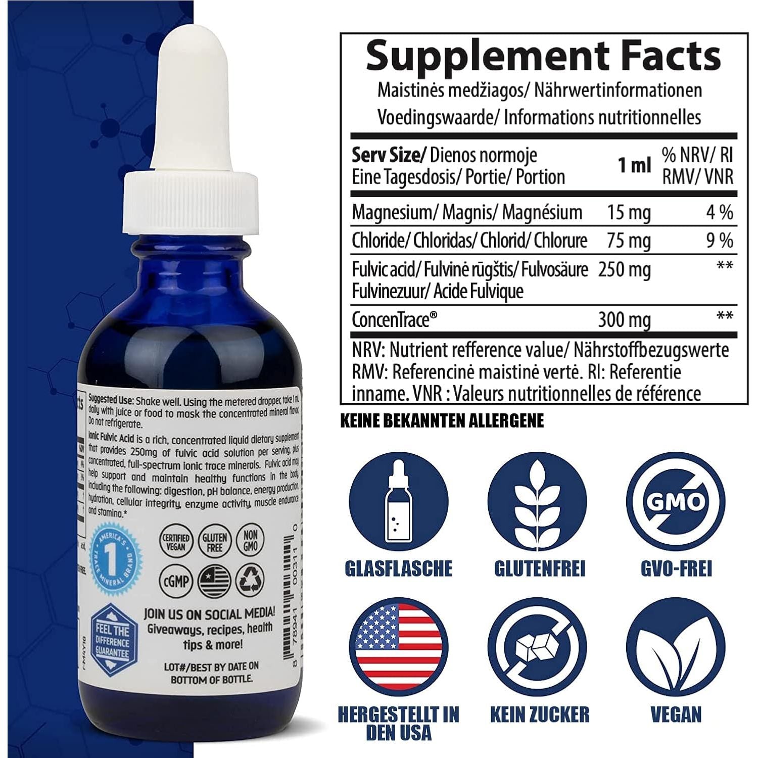 Trace Minerals Fulvic Acid | Liquid Ionic Fulvic Acid | 250 Mg | Intestine, Digestion, Skin, Brain | Mineral Complex 72+ Minerals and Trace Elements, Ph Balance, Muscle Endurance, Hydration