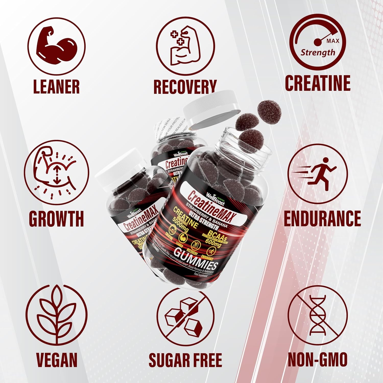 Wellboost Creatine MAX Gummies - 5000Mg Creatine Monohydrate & 600Mg Bcaas per Serving - Vegan, Sugar-Free Chewable Gummies with Strawberry & Banana Flavour - 90 Gummies (1 Month Supply)