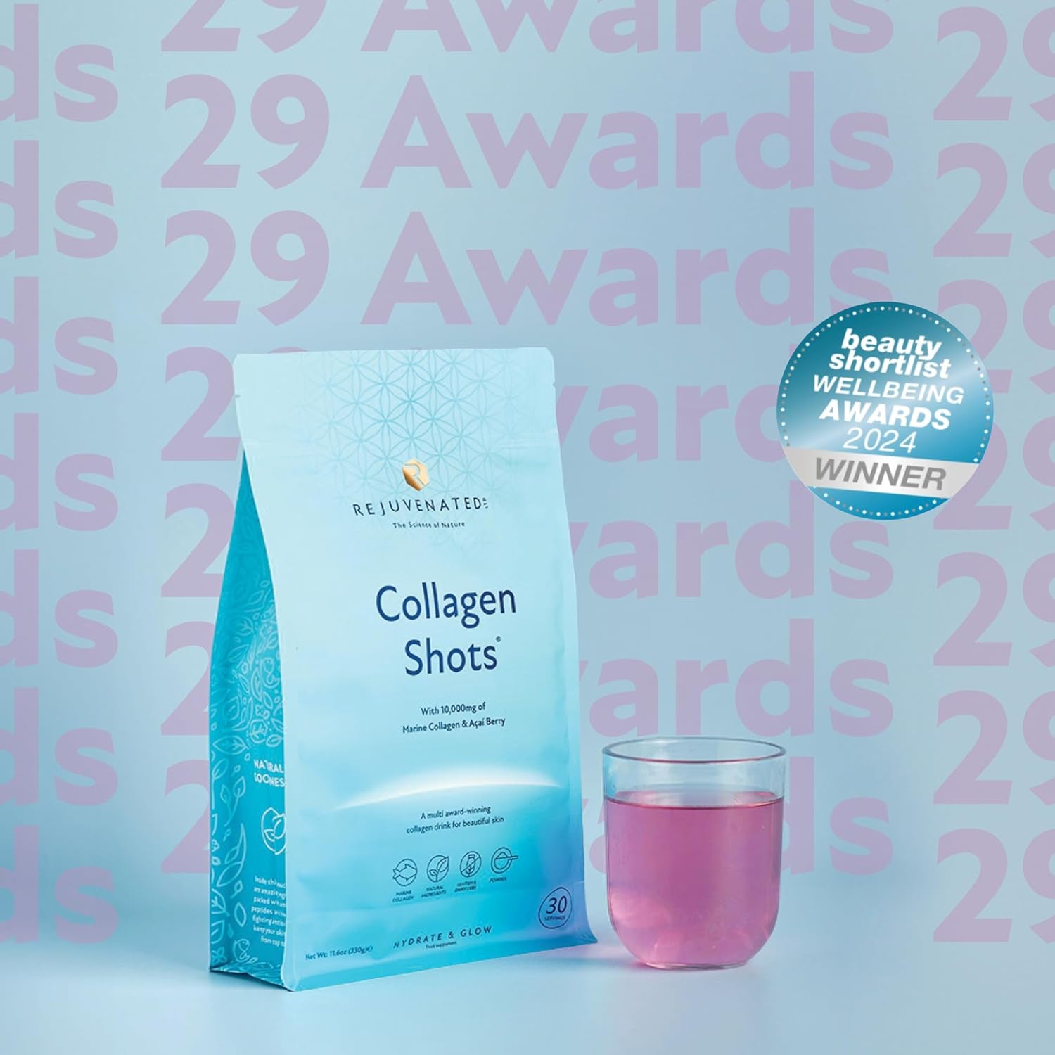 Rejuvenated Collagen Shots - 10,000 Mg Marine Collagen Supplement Drink with Antioxidants, Vitamins & Hyaluronic Acid (30 Servings)