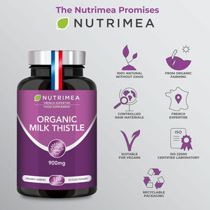 Organic Milk Thistle - Pure Seed Powder Excipient Free - Triple Action Liver Supplement: Detoxify, Protect & Strengthen - 120 Vegan Capsules - High Strengh - French Expertise - Nutrimea