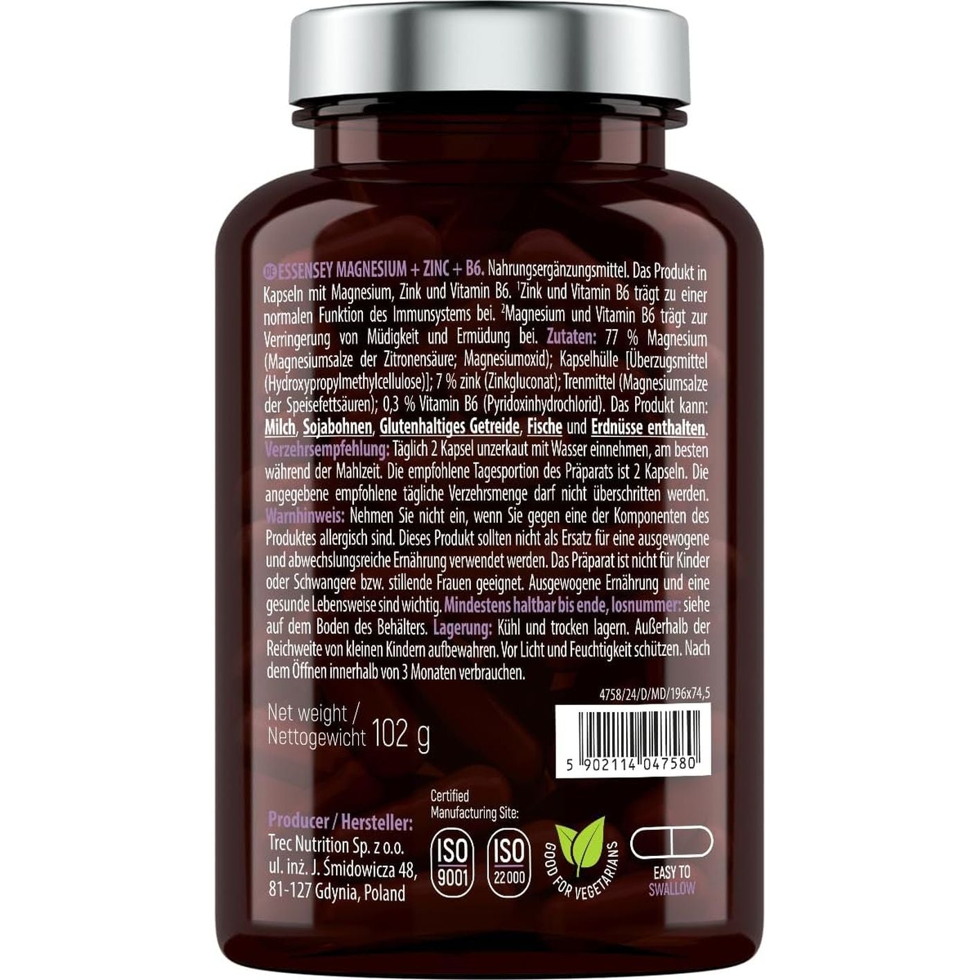 Essensey Magnesium + Zinc + Vitamin B6 Complex - Magnesium Supplements - Immune Support, Energy Boost, and Bone Health - Vegan - 120 Capsules