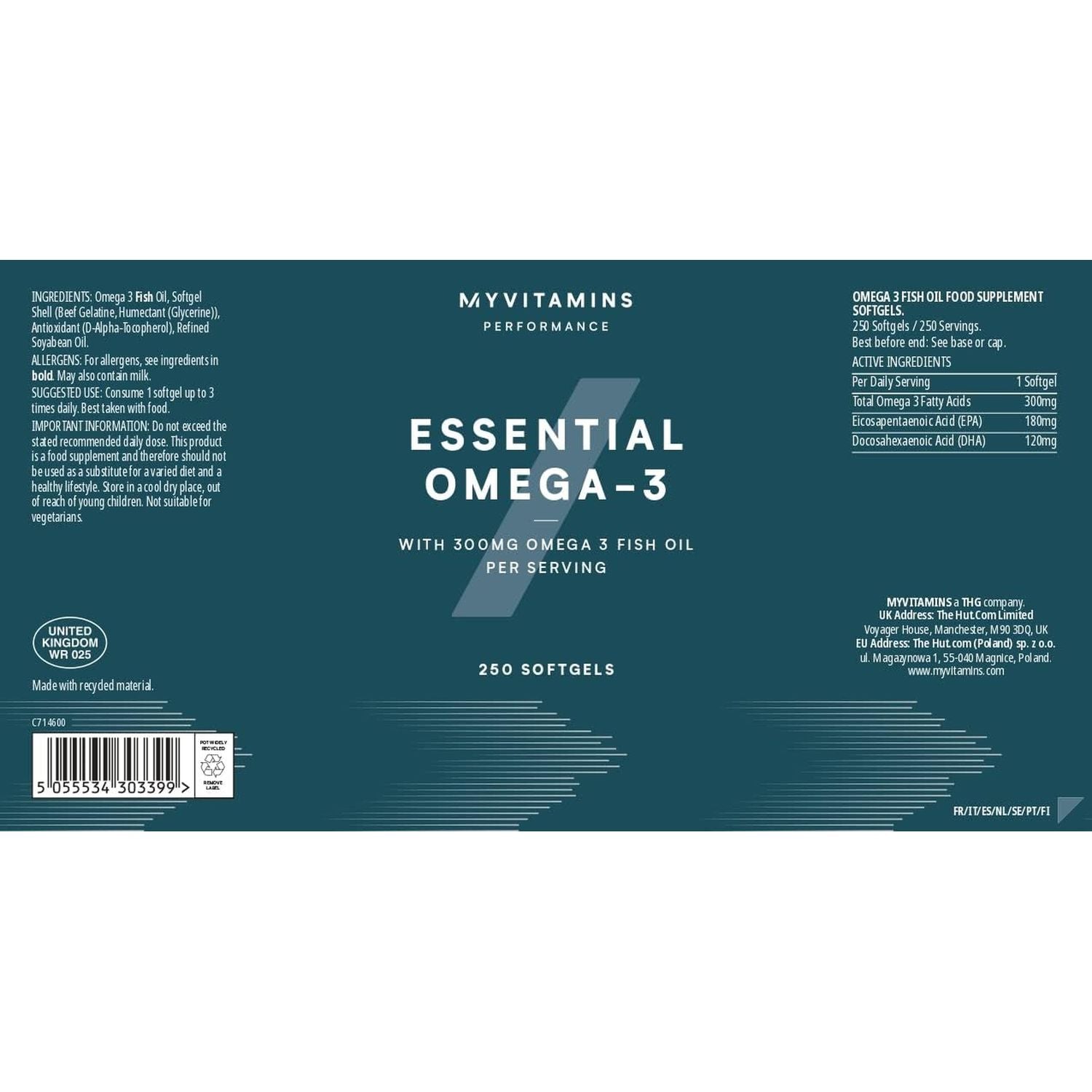 Myprotein Essential Omega 3 | 300Mg Fish Oil Softgels with EPA & DHA | Supports Heart Health, Joint Care & General Wellbeing | 250 Capsules | 80 Day Supply | Omega-3 Fatty Acids Supplement