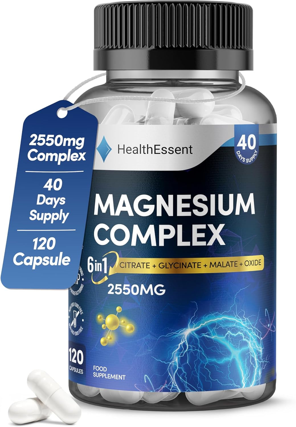 Magnesium 6-In-1 Complex, 2550Mg with Magnesium Citrate, Glycinate, Malate, Oxide, Taurate and Orotate - Promotes Sleep, Energy and Muscles - for Stress & Anxiety Relief - 120 Capsules by Healthessent