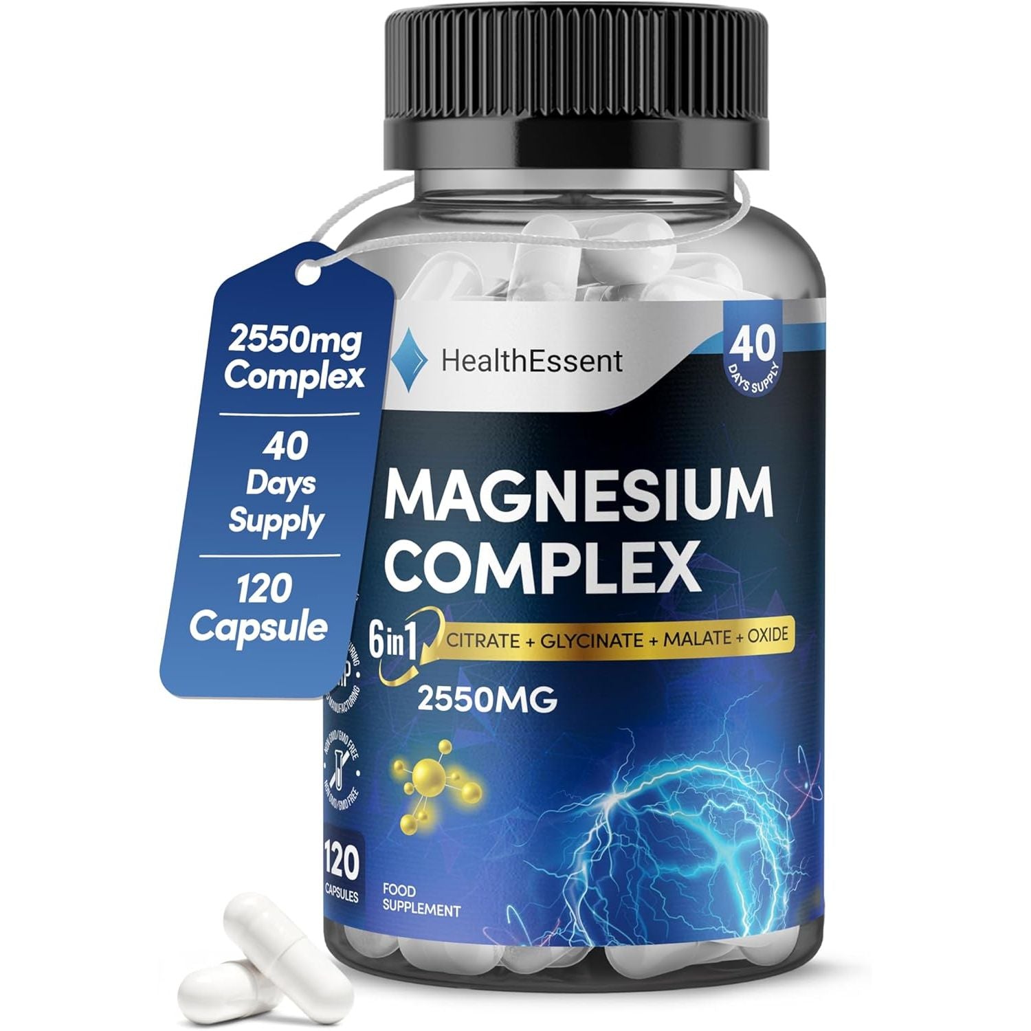 Magnesium 6-In-1 Complex, 2550Mg with Magnesium Citrate, Glycinate, Malate, Oxide, Taurate and Orotate - Promotes Sleep, Energy and Muscles - for Stress & Anxiety Relief - 120 Capsules by Healthessent