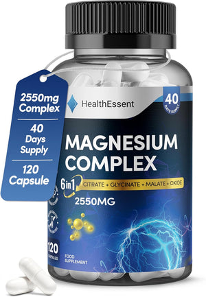 Magnesium 6-In-1 Complex, 2550Mg with Magnesium Citrate, Glycinate, Malate, Oxide, Taurate and Orotate - Promotes Sleep, Energy and Muscles - for Stress & Anxiety Relief - 120 Capsules by Healthessent