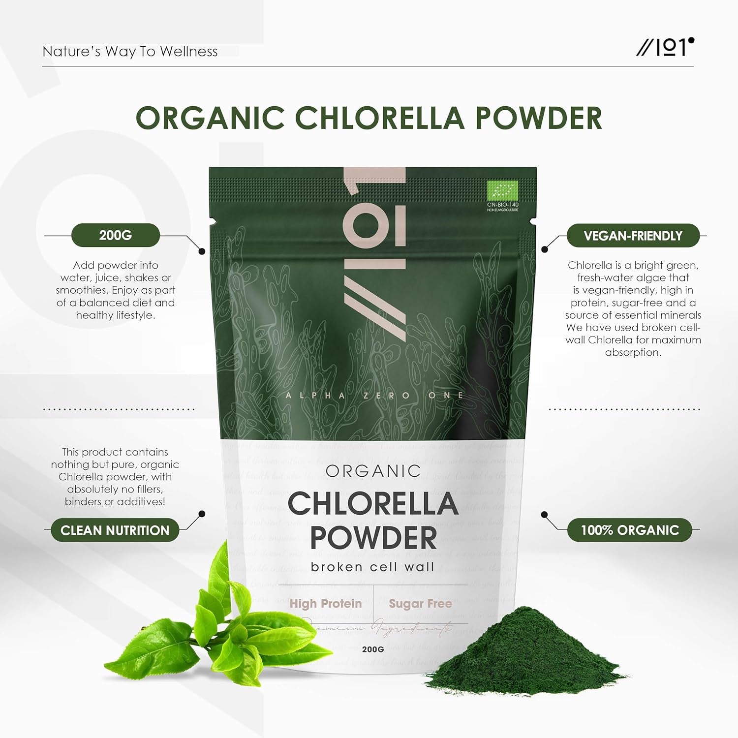 Organic Chlorella Powder 200G - Broken Cell Wall - Cold Pressed – Resealable and Recyclable Pouch by Alpha01